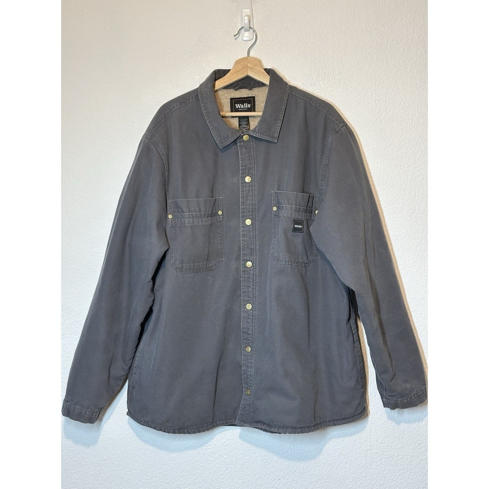 Walls Sherpa Lined Canvas Work Shirt Jacket Chore Coat Via Shacket Gray Mens 2X